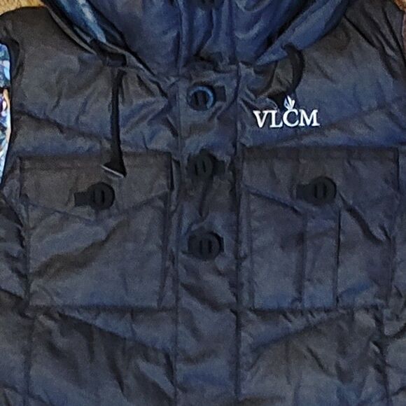 Volcom Down Puffer Vest Women's Large Hooded Sleeveless Printed Lining Black - Picture 3 of 11